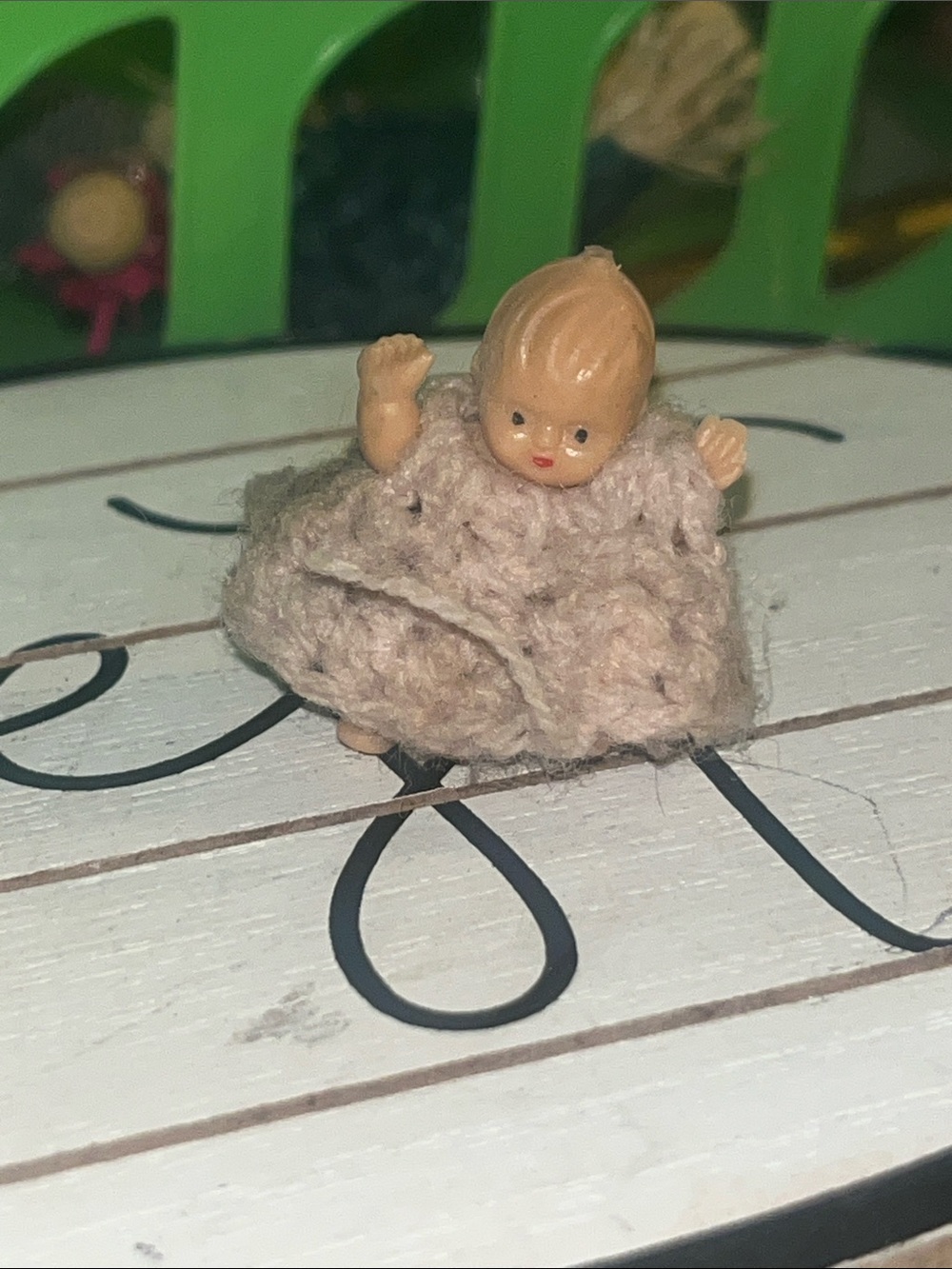 Vintage miniature baby with crochet dress 296